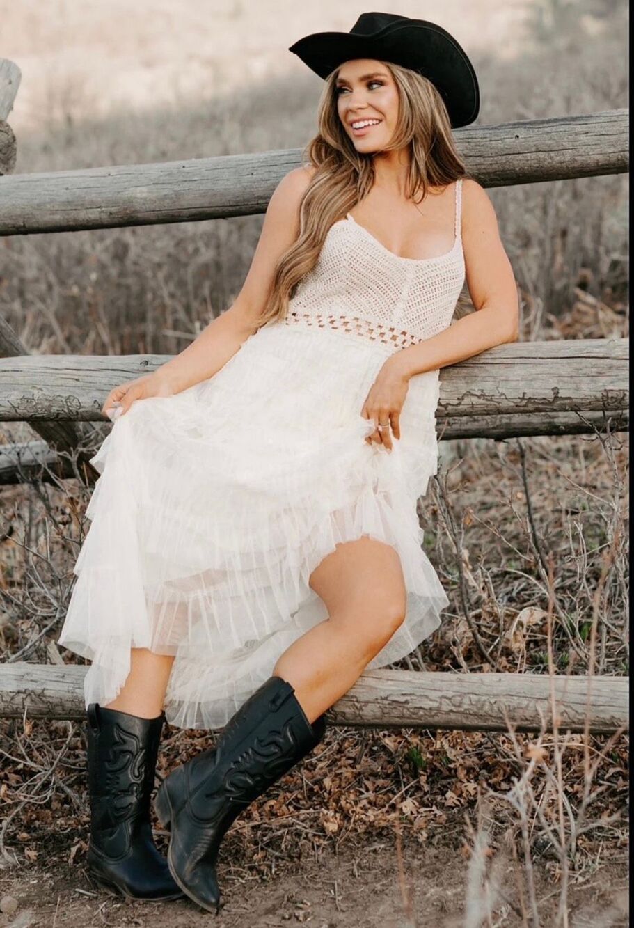 POL Crochet Lace Tiered Midi Dress | Boho Ivory Ruffle | Western Festival | O/S - Picture 4 of 14